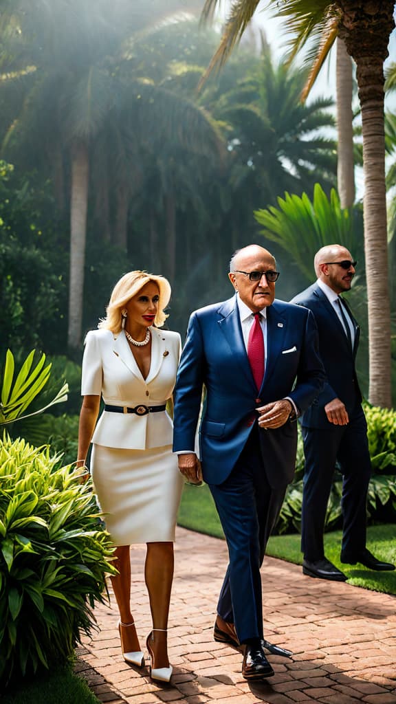  (A formal, government issued summons is served to Rudy Giuliani during his 80th birthday party in Palm Beach, Florida. The scene depicts two agents from the Arizona Attorney General's Office approaching Giuliani as he is leaving the party, surrounded by guests who appear upset at the interruption. The setting is an upscale, outdoor event venue in a tropical, coastal location, with palm trees and other lush vegetation in the background. The time period is the present day.) hyperrealistic, full body, detailed clothing, highly detailed, cinematic lighting, stunningly beautiful, intricate, sharp focus, f/1. 8, 85mm, (centered image composition), (professionally color graded), ((bright soft diffused light)), volumetric fog, trending on instagram, trending on tumblr, HDR 4K, 8K