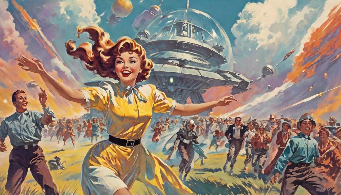  retro futuristic Person dancing, joyous expression, open field, sense of freedom lvintage sci fi, 50s and 60s style, atomic age, vibrant, highly detailed