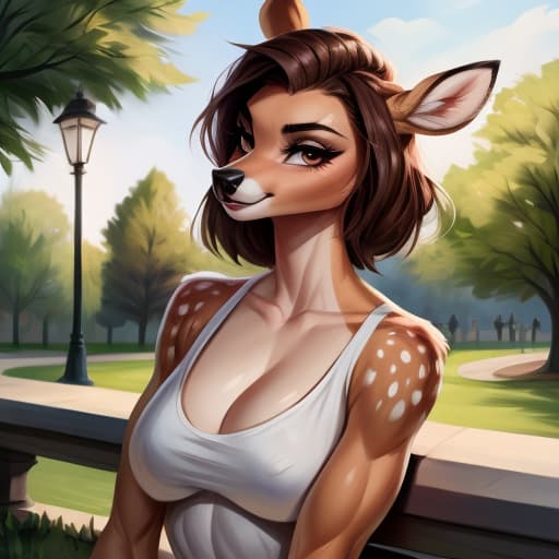  Deer, , gles, johnfoxart, park, best quality, best anatomy, (:1.5), piercing, brown hair, open eyes, digital art, masterpiece, 4k, fine details,