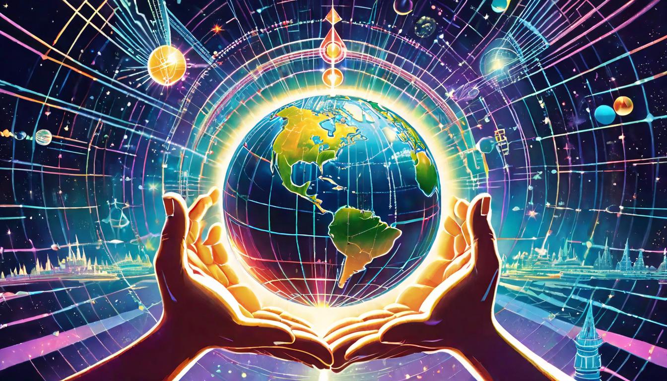  retro futuristic A holographic projection of Earth, hands (implied only) weaving threads of light connecting points across continents, ancient symbols floating above, integrating wisdom, global healing, timeless bridge lvintage sci fi, 50s and 60s style, atomic age, vibrant, highly detailed