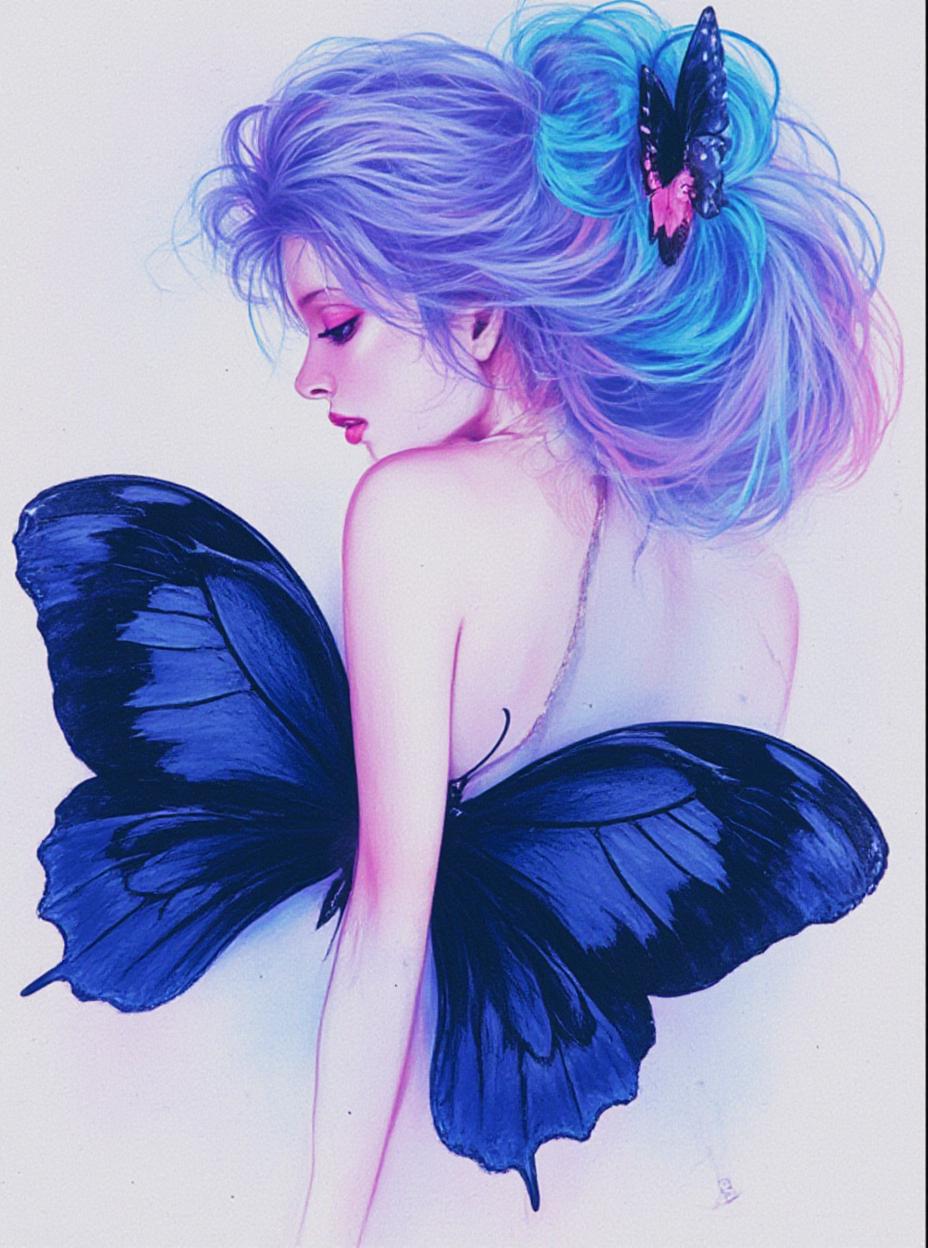  good quality, high quality, image of a fairy, profile, with butterfly wings, sitting with legs to the side, neon pastel pink and blue tones, grainy vintage style