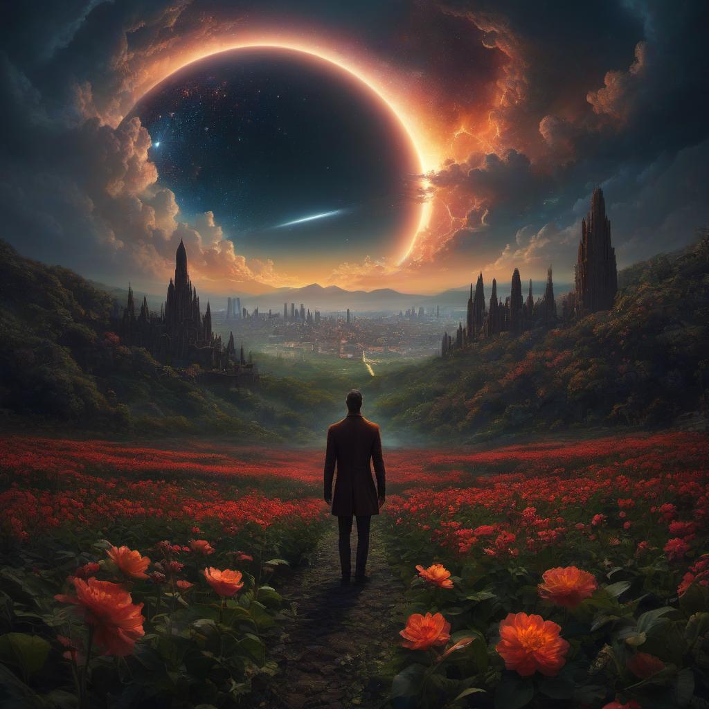  (stylized by Tomasz Alen Kopera:1.3) , dark art, dense flower field and Perseid meteor in background, landscape of a (Barcelona:1.2) , very Bizarre and 1600'S, Hurricane, Glitchcore, Amaro, layered textures, ornate, intricate artistic color, complimentary colors, very inspirational, atmosphere, fine artistic composition, sunny, theatrical hyperrealistic, full body, detailed clothing, highly detailed, cinematic lighting, stunningly beautiful, intricate, sharp focus, f/1. 8, 85mm, (centered image composition), (professionally color graded), ((bright soft diffused light)), volumetric fog, trending on instagram, trending on tumblr, HDR 4K, 8K