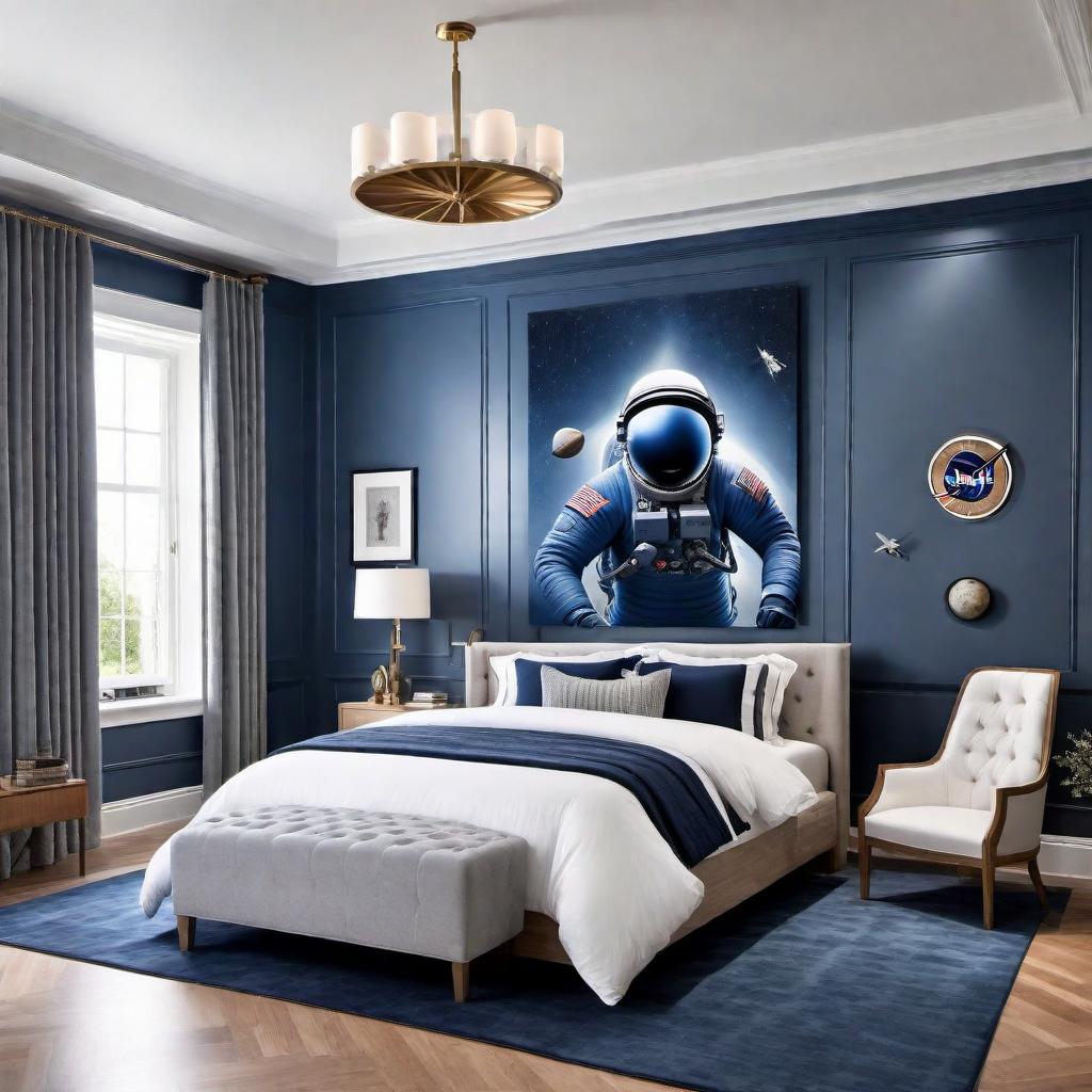  A boys room featuring a tufted bed in denim blue color, with white oak floors, complemented by an accent wall. The room should have an astronaut theme with silver decor elements to create an elegant yet fun ambiance. hyperrealistic, full body, detailed clothing, highly detailed, cinematic lighting, stunningly beautiful, intricate, sharp focus, f/1. 8, 85mm, (centered image composition), (professionally color graded), ((bright soft diffused light)), volumetric fog, trending on instagram, trending on tumblr, HDR 4K, 8K