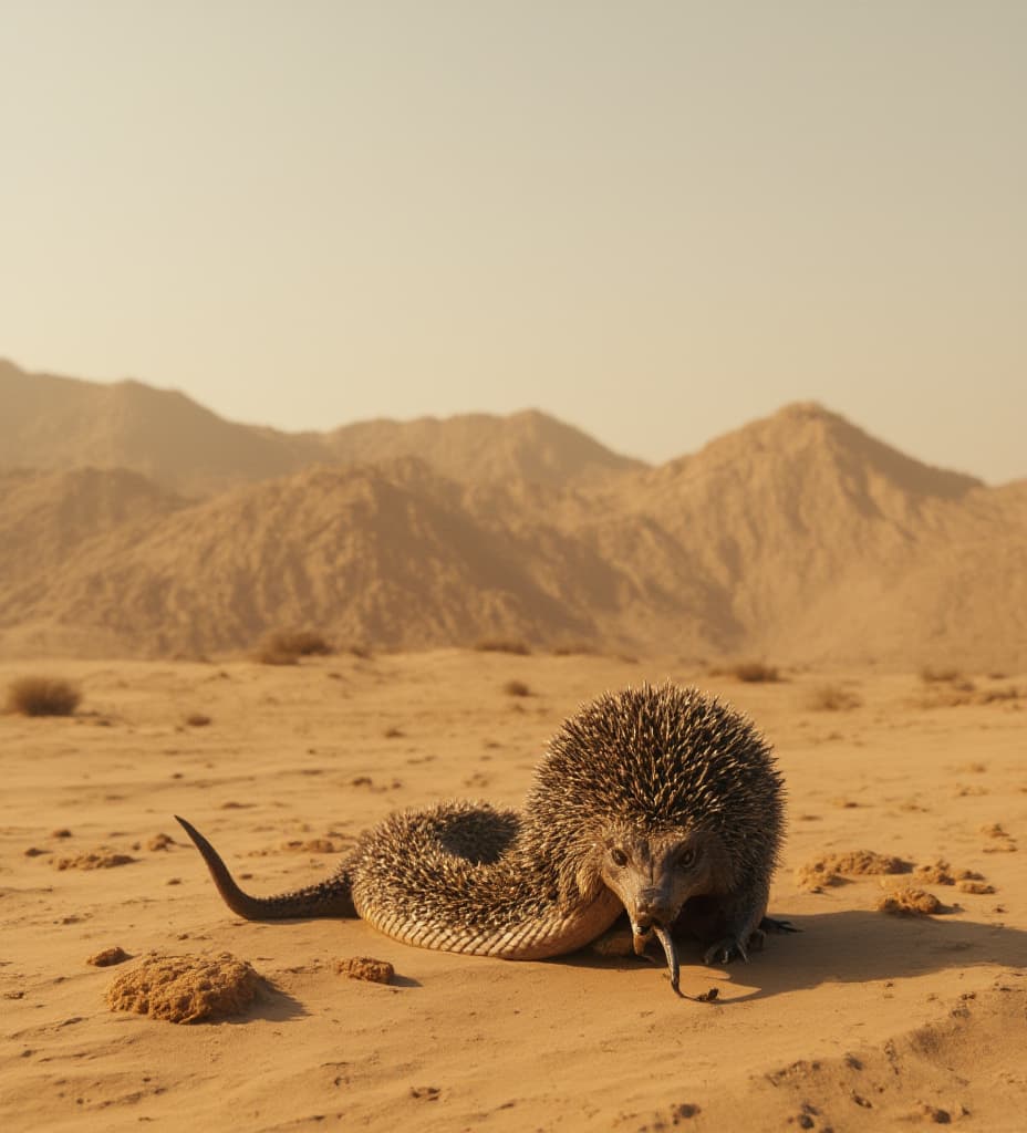  good quality, high quality, a hybrid creature between a snake and a hedgehog, slithering through a barren desert. its elongated, serpentine body moves fluidly across the sand, but instead of scales, it's covered in sharp hedgehog quills that glisten under the harsh desert sun. the creature has no legs, and its head retains the sleek, predatory shape of a snake with piercing eyes, a forked tongue flicking out, and its powerful coils flexing as it navigates the dunes. the spiky fur contrasts sharply with the snake's sleek head, creating a striking, fearsome appearance. the scene should be realistic and dynamic, capturing the dangerous beauty of this unique hybrid in its natural habitat."