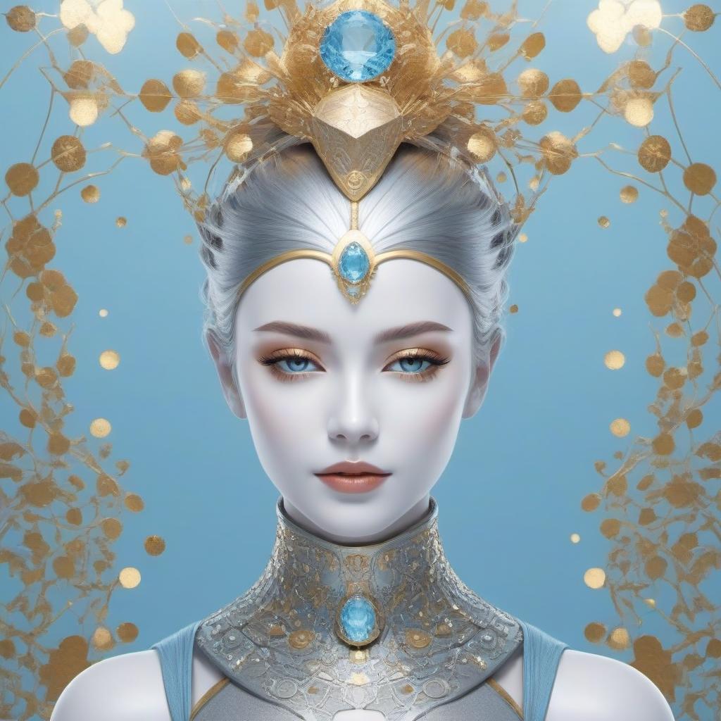  A silver robot car, with a girl’s face, a luminous neurons dance around the background, a light blue white, a golden luminous background like a fountain.Style art