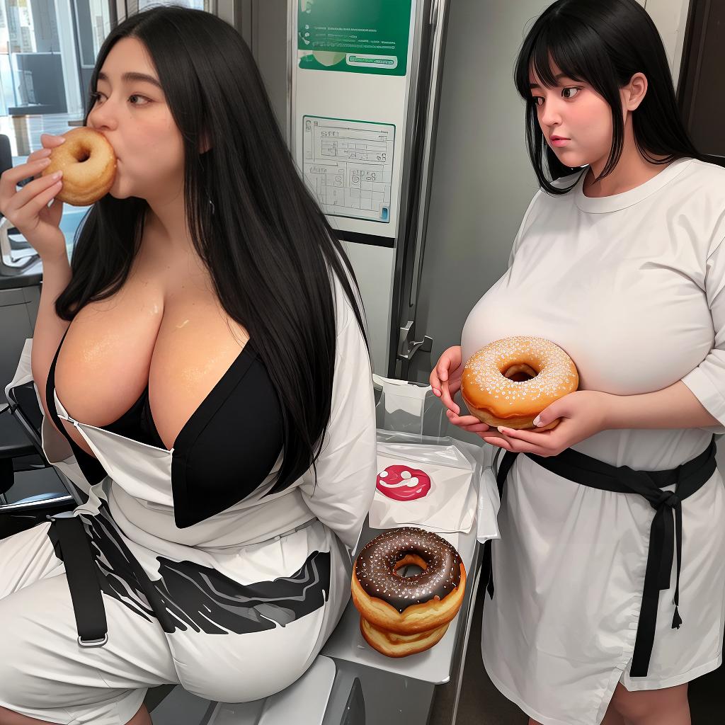  masterpiece, best quality, a black haired , with big s and big , well shaped but normal sized arms and , but a big fat swollen and filled . she is being ed, a going into her , and she is eating a donut at the same time. she is in heat and her protruding is swollen