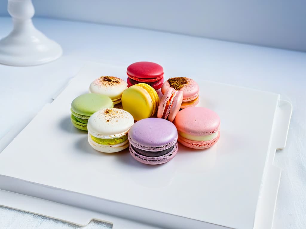  A closeup, ultradetailed image of perfectly baked macarons with smooth, glossy shells in pastel colors, sitting on a sleek, minimalist white plate. Each macaron is delicately filled and sandwiched together, showcasing a variety of flavors like raspberry, pistachio, and lavender. The texture of the shells is flawless, with the iconic ruffled feet clearly visible, and a few crumbs scattered elegantly around the plate. The lighting is soft, highlighting the intricate details and vibrant colors of the macarons, creating a visually appealing and enticing image for macaron enthusiasts. hyperrealistic, full body, detailed clothing, highly detailed, cinematic lighting, stunningly beautiful, intricate, sharp focus, f/1. 8, 85mm, (centered image composition), (professionally color graded), ((bright soft diffused light)), volumetric fog, trending on instagram, trending on tumblr, HDR 4K, 8K