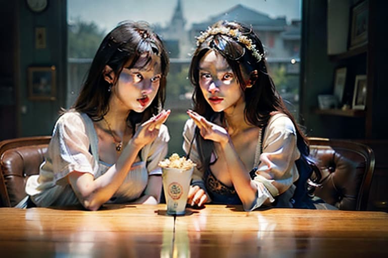  best quality, masterpiece, ultra high res, photorealistic, two girls fighting over popcorn hyperrealistic, full body, detailed clothing, highly detailed, cinematic lighting, stunningly beautiful, intricate, sharp focus, f/1. 8, 85mm, (centered image composition), (professionally color graded), ((bright soft diffused light)), volumetric fog, trending on instagram, trending on tumblr, HDR 4K, 8K