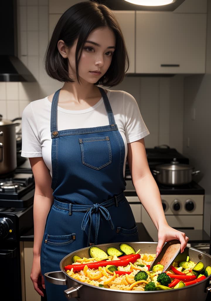  ((Beautiful girl with bob hair in a red apron and jeans is frying vegetables.)),(), beautiful, high quality,masterpiece,extremely detailed,high res,4k,ultra high res,detailed shadow,ultra realistic,dramatic lighting,bright light