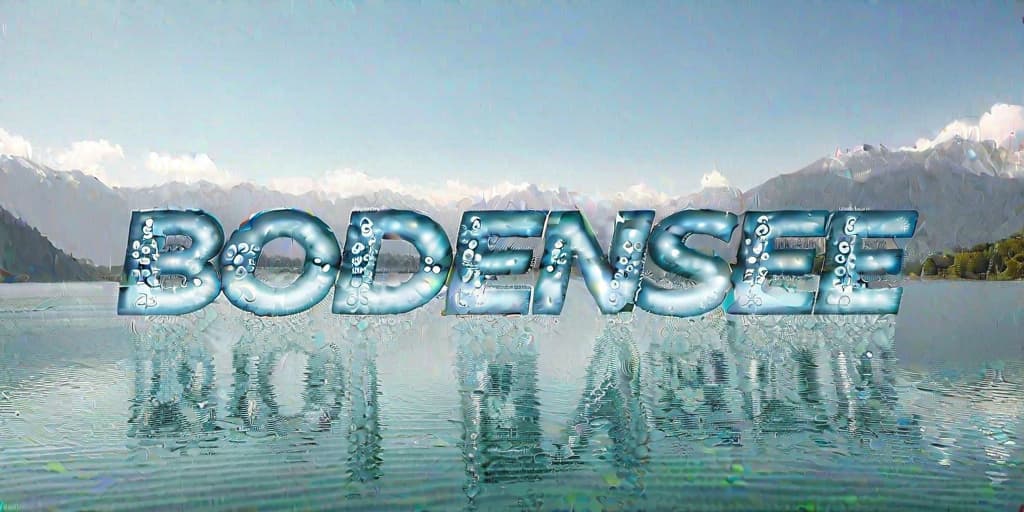 3D text "BODENSEE" made of water bubbles, floating above a lake, mountainous backdrop, high resolution photo style.