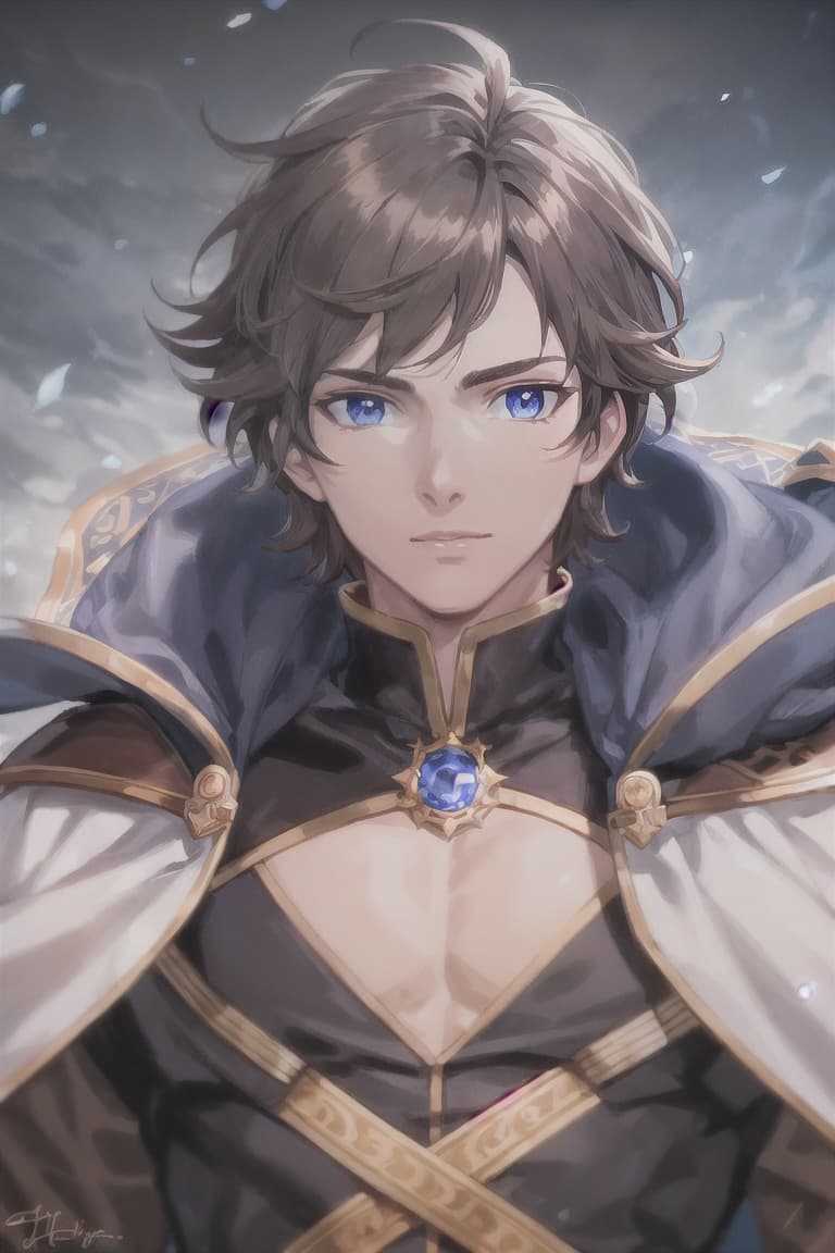  master piece , best quality,Brown hair, blue eyes, prince, black cape