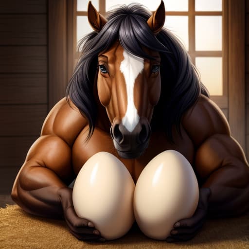  lagre chubby horse laying egg, open eyes, digital art, masterpiece, 4k, fine details,