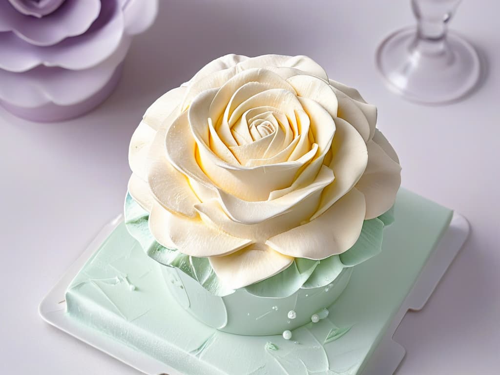  An ultradetailed closeup image of a beautifully crafted, intricate fondant rose atop a delicately frosted cupcake. The frosting is smooth and white, providing a perfect backdrop to showcase the detailed petals of the rose. Each petal is meticulously formed, showcasing the artistry and skill that goes into pastry decoration. The image captures the elegance and sophistication of pastry artistry, highlighting the level of detail and precision that can be achieved in the world of pastries and baking. hyperrealistic, full body, detailed clothing, highly detailed, cinematic lighting, stunningly beautiful, intricate, sharp focus, f/1. 8, 85mm, (centered image composition), (professionally color graded), ((bright soft diffused light)), volumetric fog, trending on instagram, trending on tumblr, HDR 4K, 8K