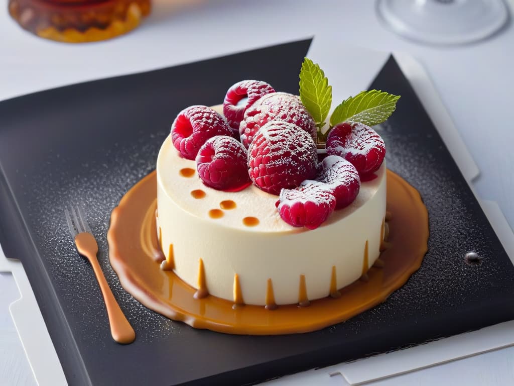  A sleek, modern dessert plate featuring a single exquisite dessert at the center. The dessert is a perfectly symmetrical sphere of creamy white chocolate mousse, topped with a delicate swirl of caramel sauce. Surrounding the mousse are artistically arranged raspberry coulis dots, creating an elegant and minimalist presentation. The plate is placed on a matte black surface, emphasizing the simplicity and sophistication of the dessert design. hyperrealistic, full body, detailed clothing, highly detailed, cinematic lighting, stunningly beautiful, intricate, sharp focus, f/1. 8, 85mm, (centered image composition), (professionally color graded), ((bright soft diffused light)), volumetric fog, trending on instagram, trending on tumblr, HDR 4K, 8K