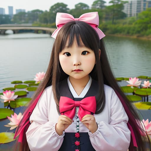  Round face, slightly fat, long hair, bow ornamental lotus girl,