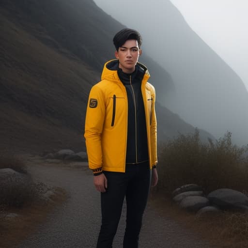  A boy alnoe beautiful mountain yellow jaket portrait vivid hyperrealistic, full body, detailed clothing, highly detailed, cinematic lighting, stunningly beautiful, intricate, sharp focus, f/1. 8, 85mm, (centered image composition), (professionally color graded), ((bright soft diffused light)), volumetric fog, trending on instagram, trending on tumblr, HDR 4K, 8K