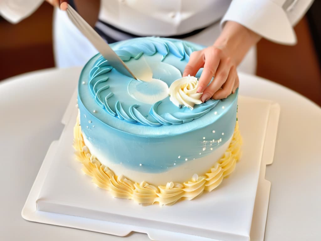  A minimalist, highresolution image of a chef's hand delicately piping intricate frosting details onto a beautifully decorated cake, showcasing precision and skill in the art of pastry decoration. The focus is on the chef's hand and the cake, with a soft, blurred background to highlight the artistry and craftsmanship involved in online pastry certification courses. hyperrealistic, full body, detailed clothing, highly detailed, cinematic lighting, stunningly beautiful, intricate, sharp focus, f/1. 8, 85mm, (centered image composition), (professionally color graded), ((bright soft diffused light)), volumetric fog, trending on instagram, trending on tumblr, HDR 4K, 8K