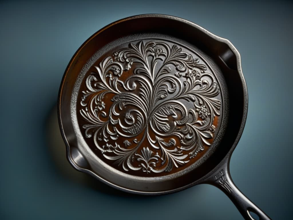  A closeup, ultradetailed image of a vintage cast iron skillet with decades of seasoning built up, showcasing intricate patterns of wear and a handle worn smooth from years of use. The camera angle captures the rich, dark patina of the skillet's cooking surface, highlighting the deep colors and textures that tell the story of countless meals cooked and memories made. hyperrealistic, full body, detailed clothing, highly detailed, cinematic lighting, stunningly beautiful, intricate, sharp focus, f/1. 8, 85mm, (centered image composition), (professionally color graded), ((bright soft diffused light)), volumetric fog, trending on instagram, trending on tumblr, HDR 4K, 8K