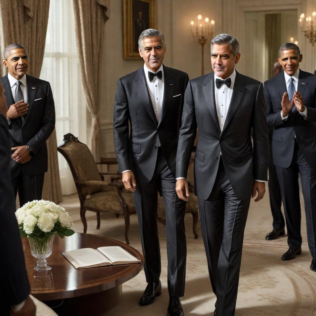  George Clooney saluting Barack Obama in a formal setting, both dressed in elegant suits. George Clooney stands with a respectful salute while Barack Obama looks at him with a smile. hyperrealistic, full body, detailed clothing, highly detailed, cinematic lighting, stunningly beautiful, intricate, sharp focus, f/1. 8, 85mm, (centered image composition), (professionally color graded), ((bright soft diffused light)), volumetric fog, trending on instagram, trending on tumblr, HDR 4K, 8K