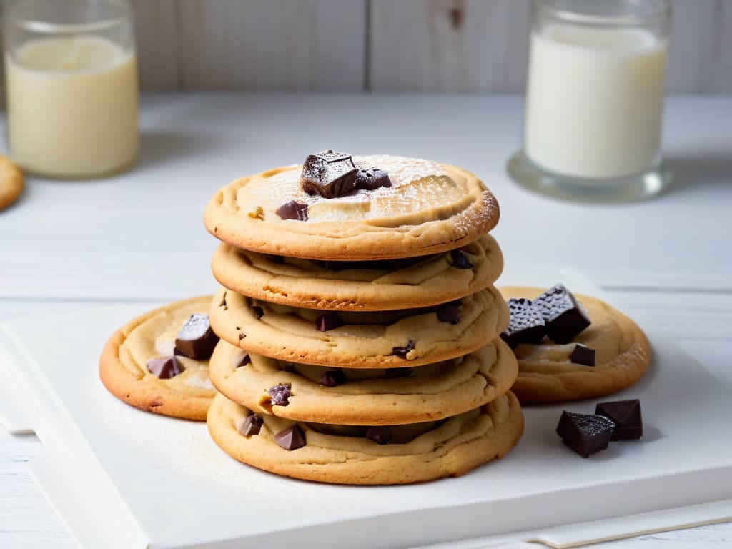  A closeup highresolution image of a stack of glutenfree chocolate chip cookies arranged on a sleek, modern white plate. The cookies are golden brown with slightly melted chocolate chips visible, showcasing a perfect texture. The plate sits on a rustic wooden table, with subtle natural light illuminating the cookies, creating a warm and inviting atmosphere. Each cookie is delicately sprinkled with a light dusting of powdered sugar, adding a touch of elegance to the simple yet decadent dessert. hyperrealistic, full body, detailed clothing, highly detailed, cinematic lighting, stunningly beautiful, intricate, sharp focus, f/1. 8, 85mm, (centered image composition), (professionally color graded), ((bright soft diffused light)), volumetric fog, trending on instagram, trending on tumblr, HDR 4K, 8K