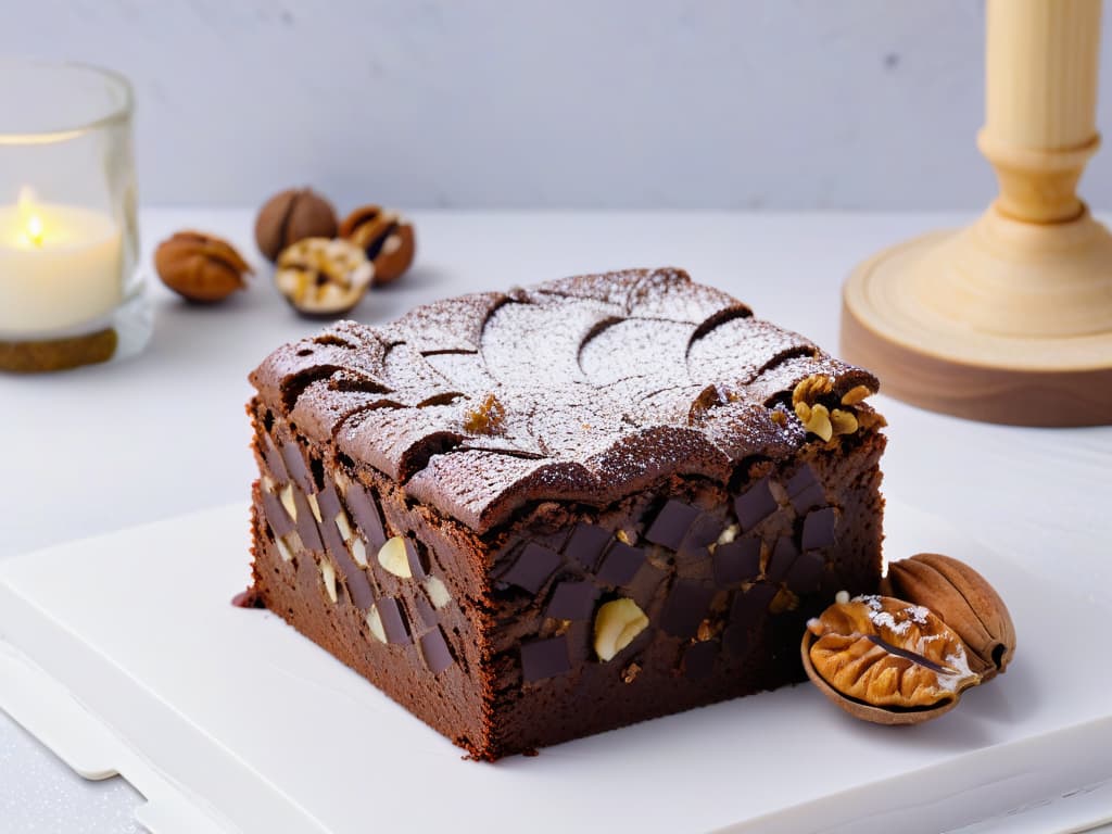  An ultradetailed, 8k image of a decadent chocolate walnut brownie topped with a sprinkle of chopped walnuts, surrounded by a light dusting of powdered sugar on a sleek, white marble countertop. The brownie is perfectly square, showcasing a rich, fudgy texture with visible chunks of walnuts peeking out. The lighting is soft and natural, emphasizing the glossy sheen of the chocolate and the intricate textures of the walnuts, inviting the viewer to indulge in this balanced and delicious dessert. hyperrealistic, full body, detailed clothing, highly detailed, cinematic lighting, stunningly beautiful, intricate, sharp focus, f/1. 8, 85mm, (centered image composition), (professionally color graded), ((bright soft diffused light)), volumetric fog, trending on instagram, trending on tumblr, HDR 4K, 8K