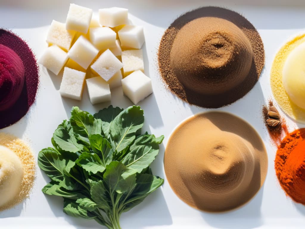  A closeup, ultradetailed image of various types of sugar made from sugar beets arranged neatly on a sleek, modern, minimalist white background. The image showcases the different textures and shades of the sugars, highlighting their versatility and aesthetic appeal. Each sugar variety is labeled elegantly in a sophisticated font, adding a touch of refinement to the composition. hyperrealistic, full body, detailed clothing, highly detailed, cinematic lighting, stunningly beautiful, intricate, sharp focus, f/1. 8, 85mm, (centered image composition), (professionally color graded), ((bright soft diffused light)), volumetric fog, trending on instagram, trending on tumblr, HDR 4K, 8K