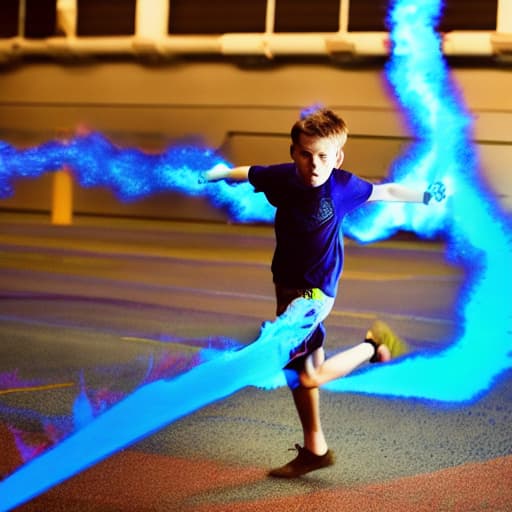  A kid flying with blue fire around him