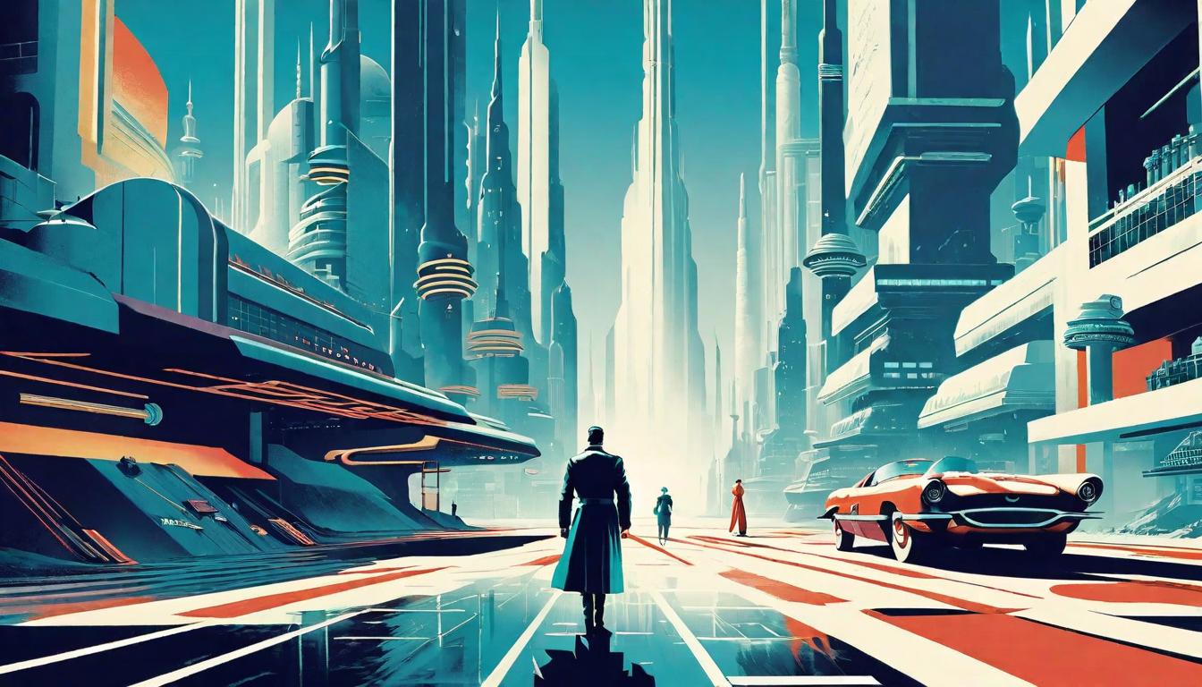  retro futuristic Lone figure standing at a corporate crossroad, choosing the path marked 'Ethics' over 'Gains', responsible decision making, leadership, courage. lvintage sci fi, 50s and 60s style, atomic age, vibrant, highly detailed