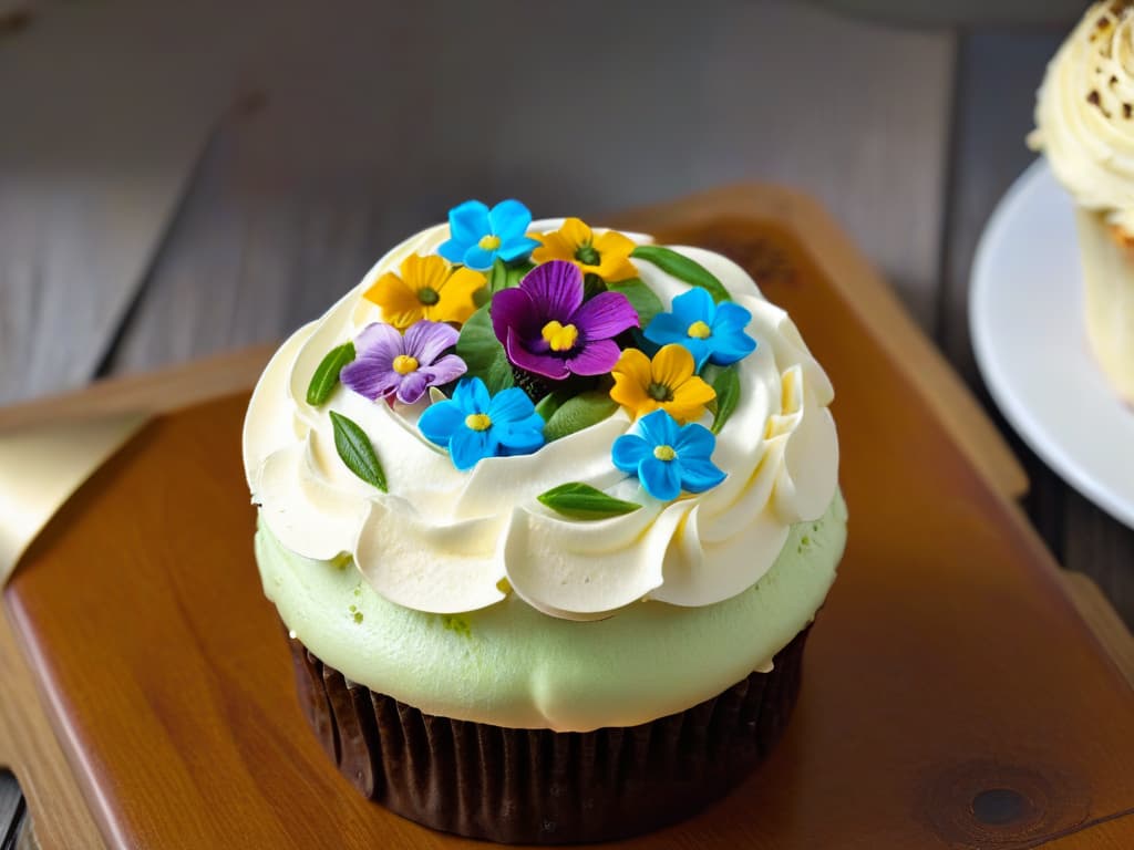  A closeup, ultradetailed image of a delicate, intricately decorated cupcake with vibrant edible flowers and sustainable packaging made of recycled materials, placed on a rustic wooden table. The cupcake is adorned with a light, fluffy frosting that glistens under the soft, natural light streaming in from a nearby window, highlighting the meticulous details of the sustainable baking techniques employed. The image conveys a sense of artistry and ecoconsciousness, inviting the viewer to explore the world of sustainable pastry making. hyperrealistic, full body, detailed clothing, highly detailed, cinematic lighting, stunningly beautiful, intricate, sharp focus, f/1. 8, 85mm, (centered image composition), (professionally color graded), ((bright soft diffused light)), volumetric fog, trending on instagram, trending on tumblr, HDR 4K, 8K