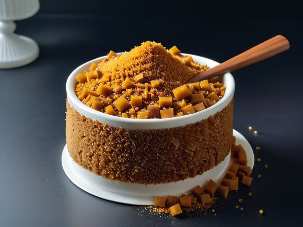  An ultradetailed 8k image of a pristine, white ceramic bowl filled with rich, goldenbrown coconut sugar crystals, set against a stark black background. The crystals catch the light, showcasing their natural sparkle and texture, with each grain perfectly visible in high definition, creating a visually stunning and minimalistic composition that exudes purity and natural sweetness. hyperrealistic, full body, detailed clothing, highly detailed, cinematic lighting, stunningly beautiful, intricate, sharp focus, f/1. 8, 85mm, (centered image composition), (professionally color graded), ((bright soft diffused light)), volumetric fog, trending on instagram, trending on tumblr, HDR 4K, 8K