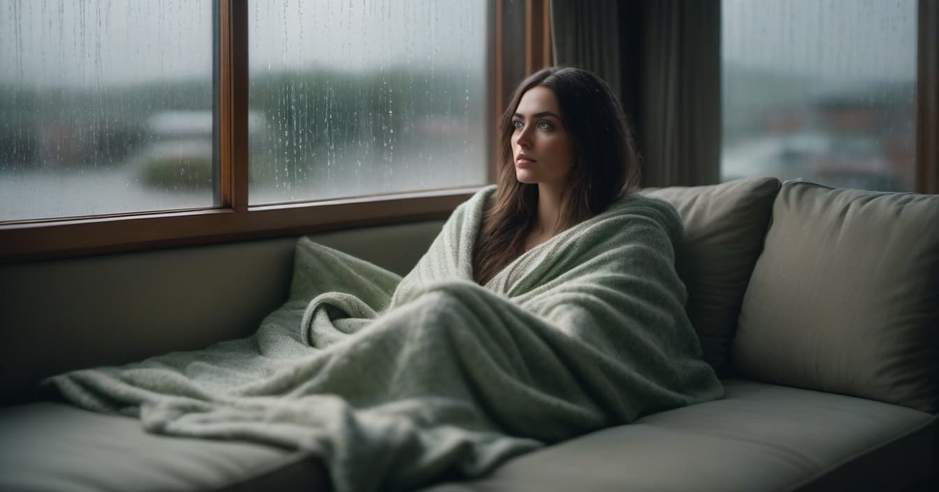  A long haired, green eyed girl, wrapped in a blanket, is sitting on a sofa and looking out the window, through which it's raining. hyperrealistic, full body, detailed clothing, highly detailed, cinematic lighting, stunningly beautiful, intricate, sharp focus, f/1. 8, 85mm, (centered image composition), (professionally color graded), ((bright soft diffused light)), volumetric fog, trending on instagram, trending on tumblr, HDR 4K, 8K