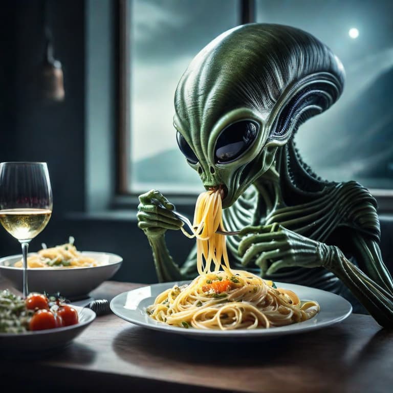  An alien eating pasta and having a glass of wine hyperrealistic, full body, detailed clothing, highly detailed, cinematic lighting, stunningly beautiful, intricate, sharp focus, f\/1. 8, 85mm, (centered image composition), (professionally color graded), ((bright soft diffused light)), volumetric fog, trending on instagram, trending on tumblr, HDR 4K, 8K