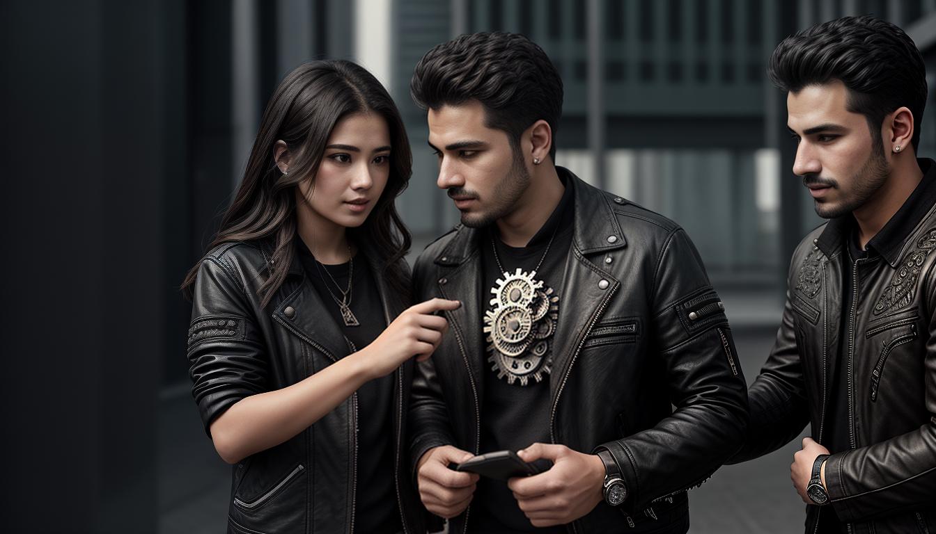  digital illustration, a man speaking with a woman, both dressed in modern, casual clothing, gears and cogs subtly embedded in the scene to represent language and communication, neutral Tones, balanced, conversational, looking at viewer, dynamic pose, (intricate details, masterpiece, best quality)