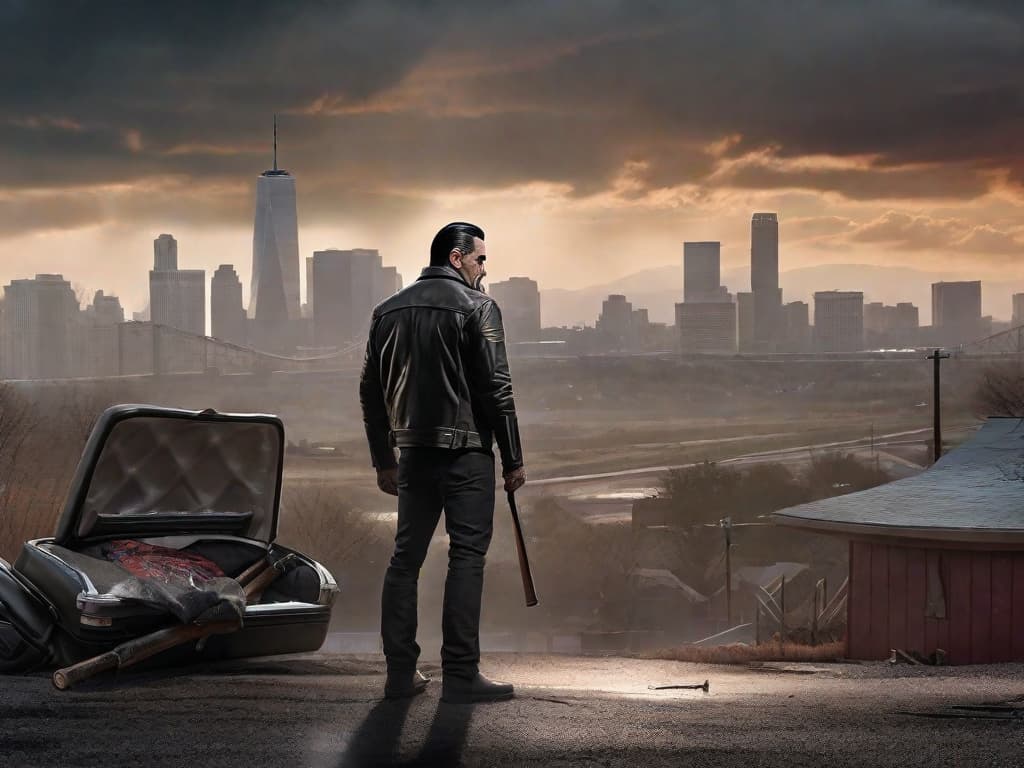  A gritty image of Negan, leather jacket on, as he solemnly restores his iconic bat, Lucille. Behind him, the desolate urban sprawl of Dead City looms, a stark reminder of the world he's trying to survive in.digital art, ilustration hyperrealistic, full body, detailed clothing, highly detailed, cinematic lighting, stunningly beautiful, intricate, sharp focus, f/1. 8, 85mm, (centered image composition), (professionally color graded), ((bright soft diffused light)), volumetric fog, trending on instagram, trending on tumblr, HDR 4K, 8K