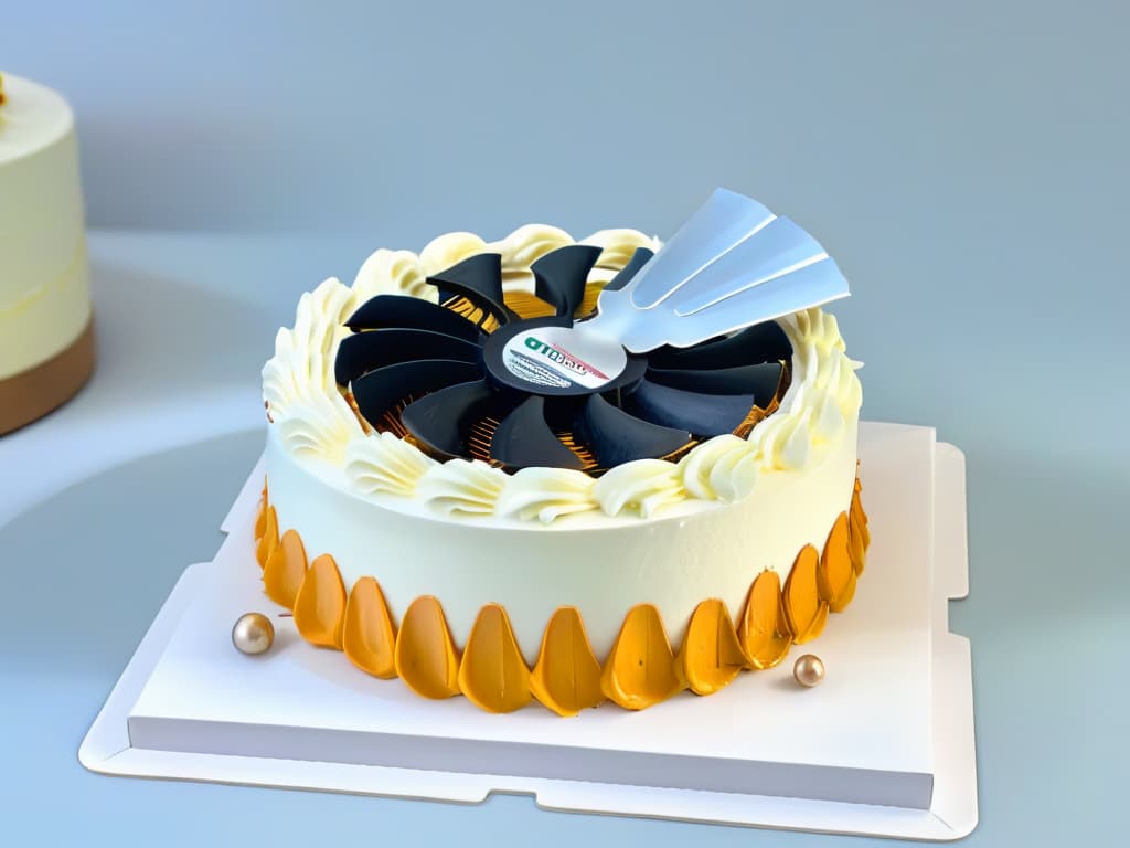  An ultradetailed, 8K resolution image of a sleek, modern kitchen countertop with a hightech cooling fan placed strategically next to an elaborate, beautifully decorated cake. The fan is subtly blowing a gentle breeze over the cake, creating a stunning visual of precision and elegance in the art of pastry cooling. The countertop is pristine, emphasizing the importance of temperature control in the delicate process of pastry making. The overall aesthetic is clean, professional, and visually appealing, perfectly capturing the essence of cooling fans for pastry perfection. hyperrealistic, full body, detailed clothing, highly detailed, cinematic lighting, stunningly beautiful, intricate, sharp focus, f/1. 8, 85mm, (centered image composition), (professionally color graded), ((bright soft diffused light)), volumetric fog, trending on instagram, trending on tumblr, HDR 4K, 8K