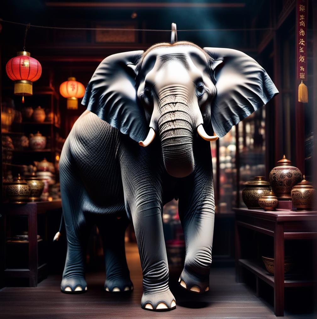  Elephant in a china shop hyperrealistic, full body, detailed clothing, highly detailed, cinematic lighting, stunningly beautiful, intricate, sharp focus, f/1. 8, 85mm, (centered image composition), (professionally color graded), ((bright soft diffused light)), volumetric fog, trending on instagram, trending on tumblr, HDR 4K, 8K