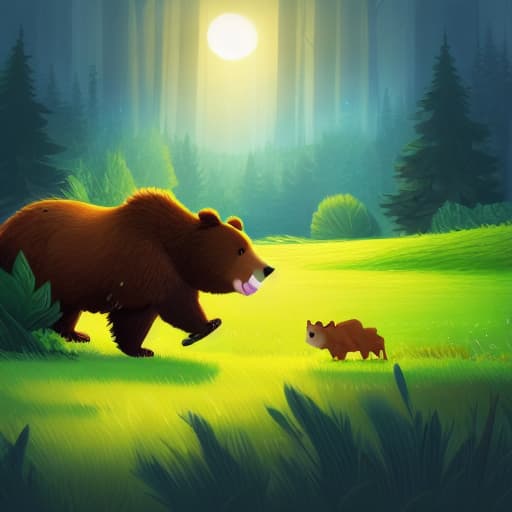  a bear is running through the field, forest, moolight, dangerous