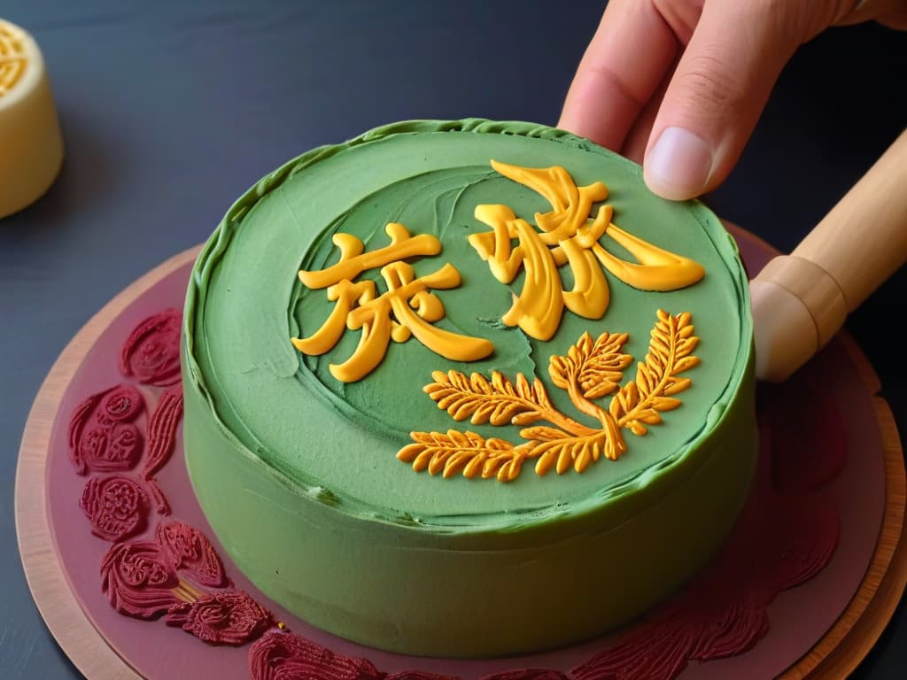  A closeup, ultrahighresolution image of a pair of hands expertly molding intricate designs on the surface of a mooncake. The hands are delicately pressing into the dough, creating traditional patterns symbolizing the festival of the MidAutumn. The minimalistic style highlights the precision and artistry involved in the process, with soft lighting enhancing the textures and details of the mooncake design. hyperrealistic, full body, detailed clothing, highly detailed, cinematic lighting, stunningly beautiful, intricate, sharp focus, f/1. 8, 85mm, (centered image composition), (professionally color graded), ((bright soft diffused light)), volumetric fog, trending on instagram, trending on tumblr, HDR 4K, 8K