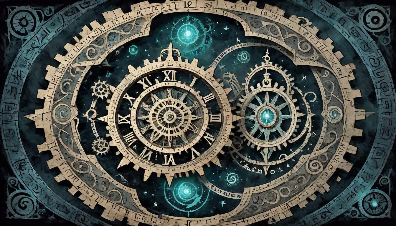  on parchment, surrealism+++, Temporal anchoring device, intricate gears and glowing runes, suspended in a swirling temporal vortex, dark and futuristic, arcane technology(mysterious, provocative, symbolic,muted color)+++