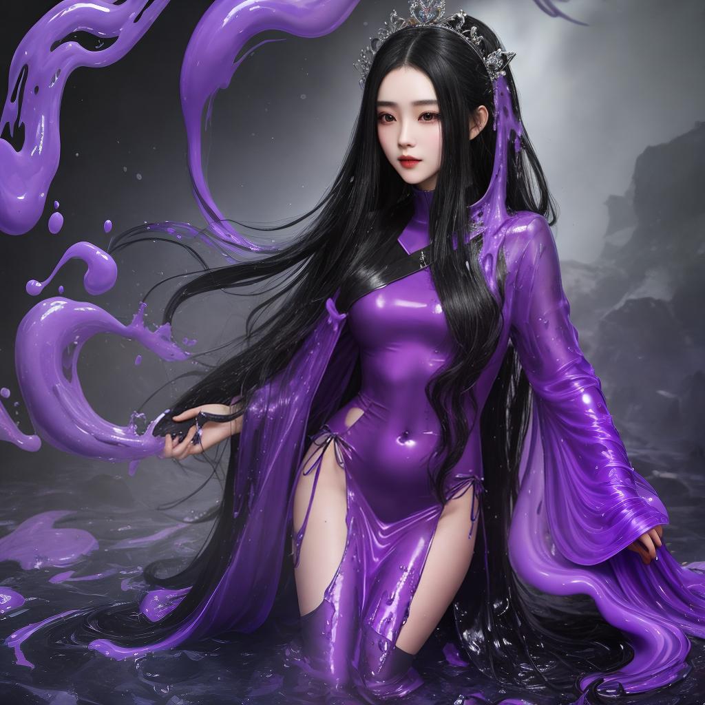  masterpiece, best quality, Beautiful with long black hair, covered in a layer of purple slime flowing up her body, head, face, shoulders, and not covered by slime, full body picture, photographic, realistic