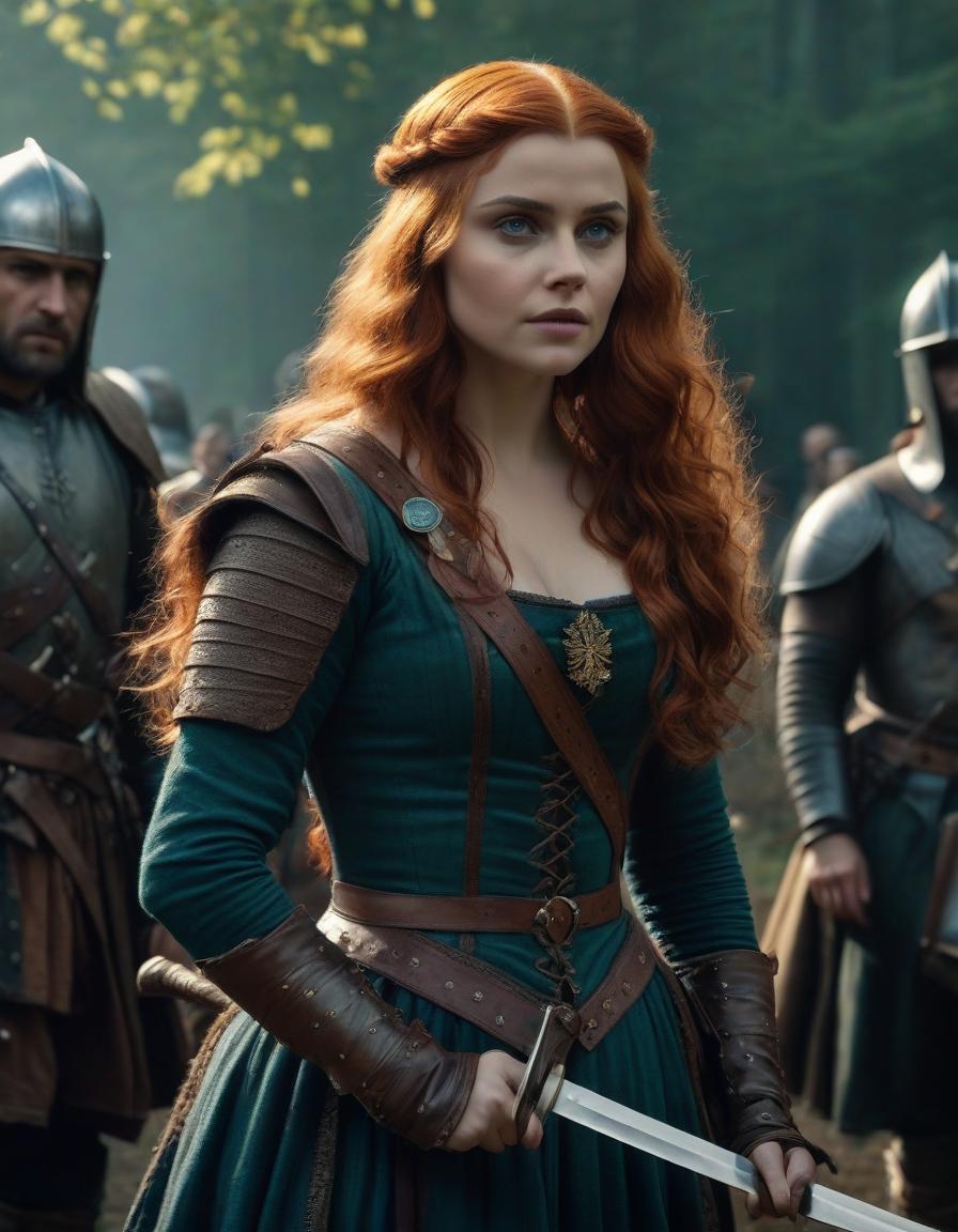  cinematic film still The Tudor era, a tragic frame from the film, the most detailed image, emphasis on faces, young Chloe Grace Moretz with very light long curly hair, dressed as Triss Merrigold from the game The Witcher 3, in anger, stabs a mature man standing in front of her with a knife, they are watched by stern armed warriors knights, maximum detail, small details, especially carefully drawn faces and emotions, the strictest compliance with the request, historical costumes are reproduced as accurately as possible, weak dramatic lighting, dirt, heavy rain, dark dense gloomy forest around, . shallow depth of field, vignette, highly detailed, high budget, bokeh, cinemascope, moody, epic, gorgeous, film grain, grainy hyperrealistic, full body, detailed clothing, highly detailed, cinematic lighting, stunningly beautiful, intricate, sharp focus, f/1. 8, 85mm, (centered image composition), (professionally color graded), ((bright soft diffused light)), volumetric fog, trending on instagram, trending on tumblr, HDR 4K, 8K