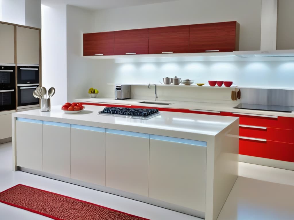  A modern, sleek kitchen designed with accessibility in mind for bakers with reduced mobility. The image showcases a spacious layout with lower countertops, pullout shelves, and easytoreach appliances. The color scheme is a calming blend of soft neutrals, accented by pops of vibrant red on kitchen tools neatly displayed on the counter. Light streams in from a large window, illuminating the practical yet stylish design. hyperrealistic, full body, detailed clothing, highly detailed, cinematic lighting, stunningly beautiful, intricate, sharp focus, f/1. 8, 85mm, (centered image composition), (professionally color graded), ((bright soft diffused light)), volumetric fog, trending on instagram, trending on tumblr, HDR 4K, 8K