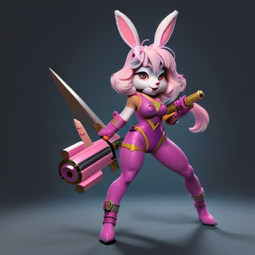  "A furry female superhero rabbit, small, cute, laughing, with a big weapon in her hand