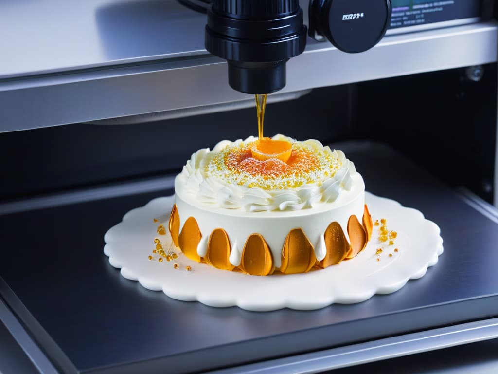  A closeup, ultradetailed image of a sleek, stateoftheart 3D food printer in action, meticulously crafting intricate and futuristic sugar decorations for a modern pastry masterpiece. The printer's precise movements are captured in stunning clarity, showcasing its cuttingedge technology and innovative capabilities in revolutionizing the art of modern pastry design. hyperrealistic, full body, detailed clothing, highly detailed, cinematic lighting, stunningly beautiful, intricate, sharp focus, f/1. 8, 85mm, (centered image composition), (professionally color graded), ((bright soft diffused light)), volumetric fog, trending on instagram, trending on tumblr, HDR 4K, 8K