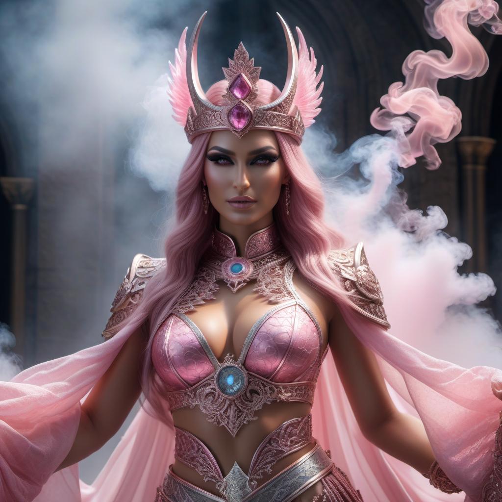  from the stone on the crown of the ring on the demon king's hand, a hologram of a pink living girl victory flows with smoke.HDR. hyperrealistic, full body, detailed clothing, highly detailed, cinematic lighting, stunningly beautiful, intricate, sharp focus, f/1. 8, 85mm, (centered image composition), (professionally color graded), ((bright soft diffused light)), volumetric fog, trending on instagram, trending on tumblr, HDR 4K, 8K