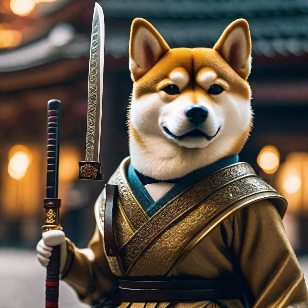  generate me a shiba dog holding his katana hyperrealistic, full body, detailed clothing, highly detailed, cinematic lighting, stunningly beautiful, intricate, sharp focus, f/1. 8, 85mm, (centered image composition), (professionally color graded), ((bright soft diffused light)), volumetric fog, trending on instagram, trending on tumblr, HDR 4K, 8K