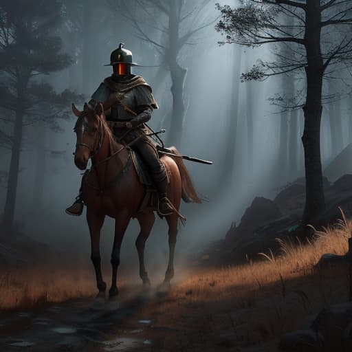  Un hombre con armadura de guerra desgastada dañada sin casco con rostro lastimado montando un caballo de color marrón caminando por un bosque sombrío oscuro ambiente triste y oscuro con cabeza en picada ambiente triste con lluvia llorando Cinematic Quality, High Resolution, Dramatic hyperrealistic, full body, detailed clothing, highly detailed, cinematic lighting, stunningly beautiful, intricate, sharp focus, f/1. 8, 85mm, (centered image composition), (professionally color graded), ((bright soft diffused light)), volumetric fog, trending on instagram, trending on tumblr, HDR 4K, 8K