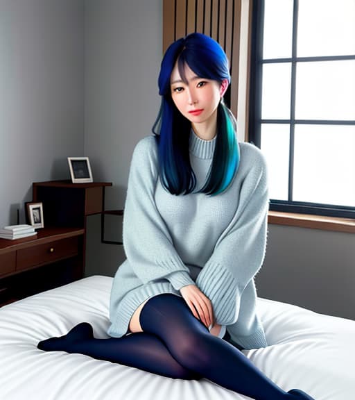  "A 30-year-old Japanese woman standing near the bed wearing navy blue socks and a sweater." hyperrealistic, full body, detailed clothing, highly detailed, cinematic lighting, stunningly beautiful, intricate, sharp focus, f/1. 8, 85mm, (centered image composition), (professionally color graded), ((bright soft diffused light)), volumetric fog, trending on instagram, trending on tumblr, HDR 4K, 8K