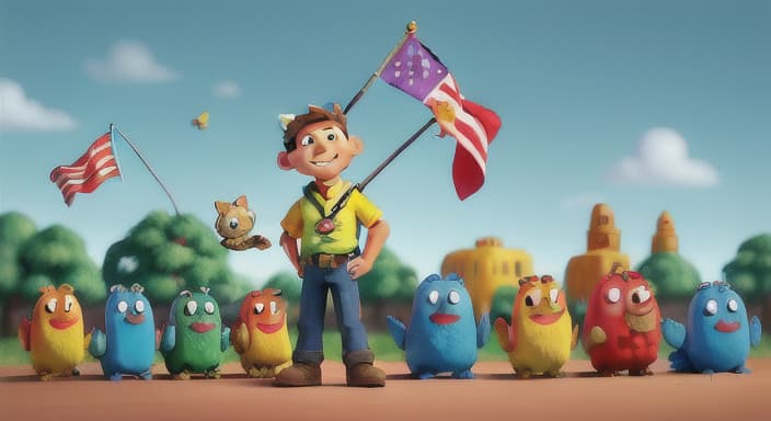  {Jake with a medal around his bumper, surrounded by happy animal friends., Jake's flag fluttered proudly as he stood tall among his admiring friends.