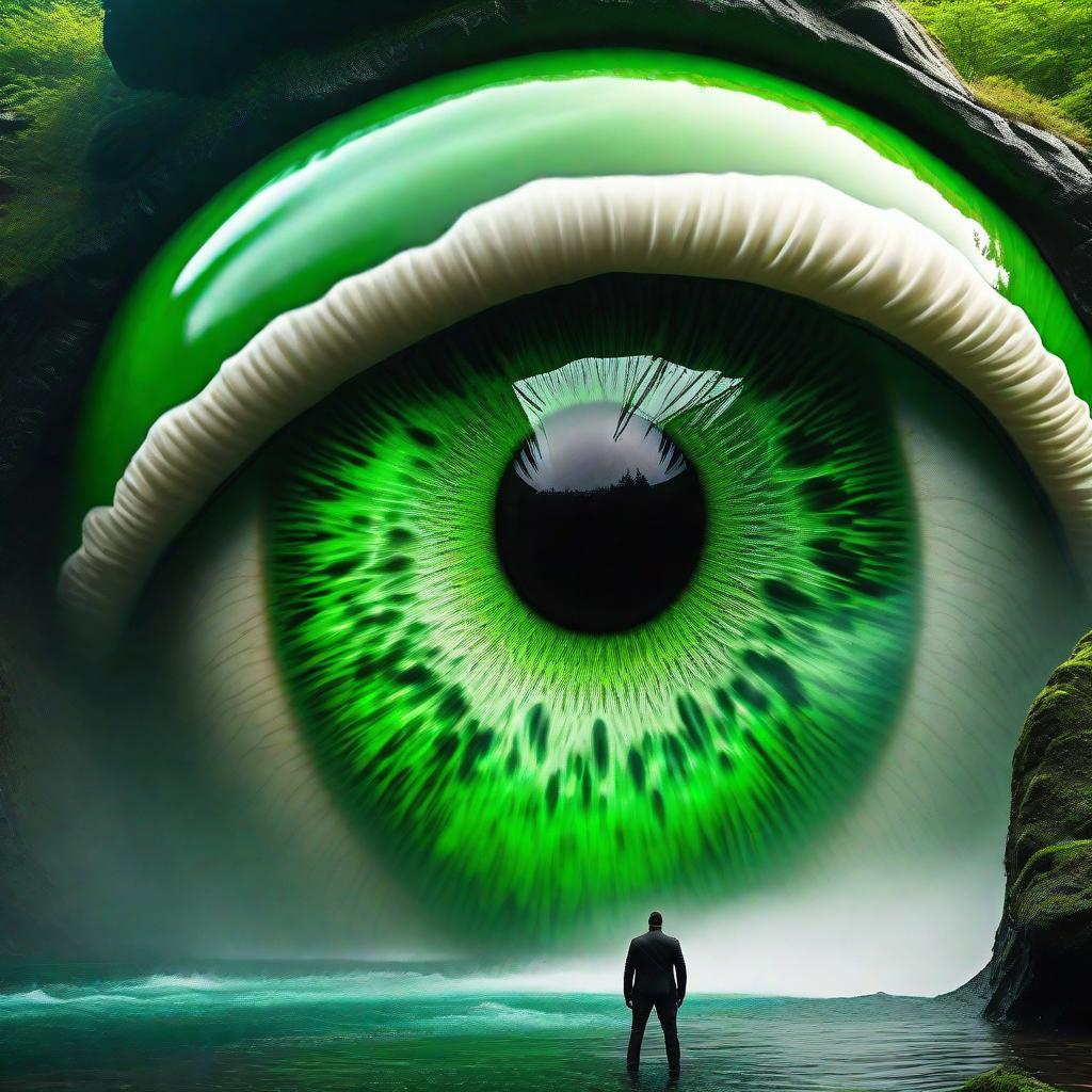  vision unify god beast a bright green eye in the waterfall of life non human cyclops giant eye only hyperrealistic, full body, detailed clothing, highly detailed, cinematic lighting, stunningly beautiful, intricate, sharp focus, f/1. 8, 85mm, (centered image composition), (professionally color graded), ((bright soft diffused light)), volumetric fog, trending on instagram, trending on tumblr, HDR 4K, 8K